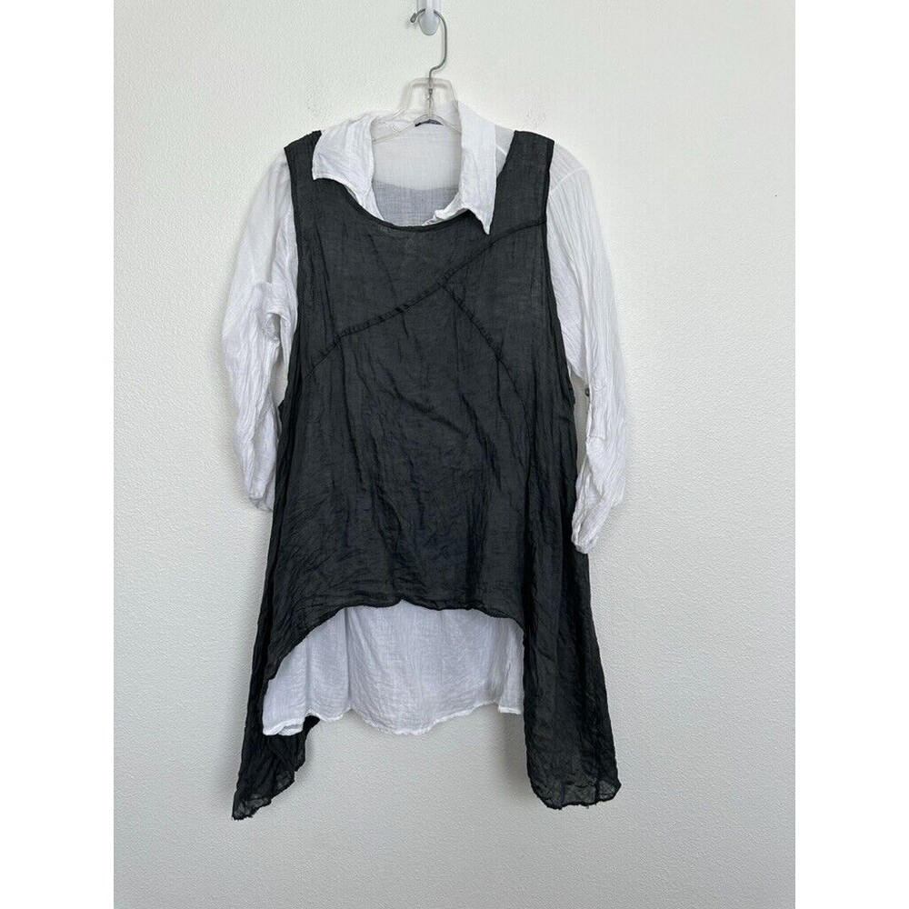 SAGA Women Linen Layered Dress Asymmetric Lagenlook Roll Tab Sleeve Gray Small